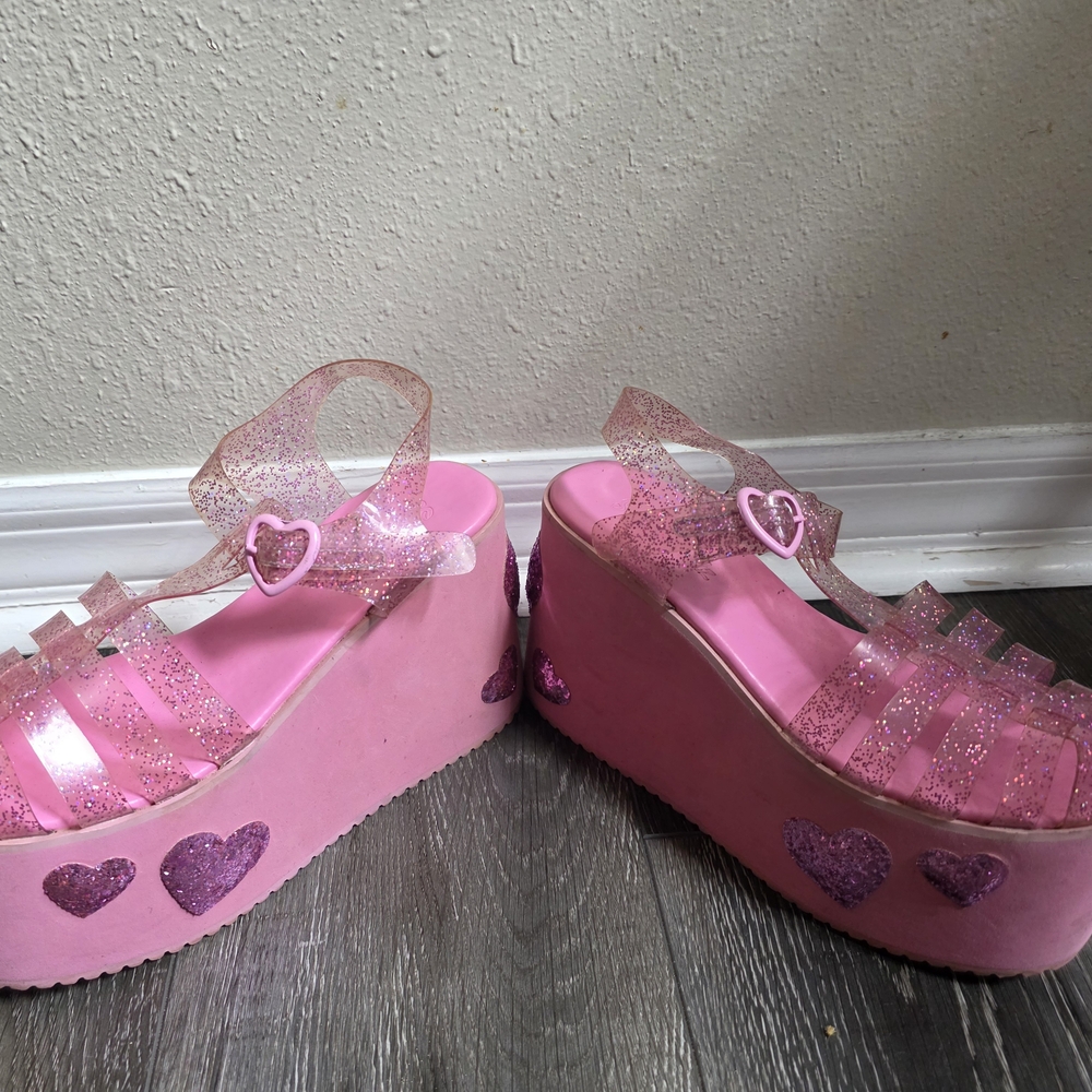 Sugar Thrillz Pink JE Glitter Heart Platform Shoes